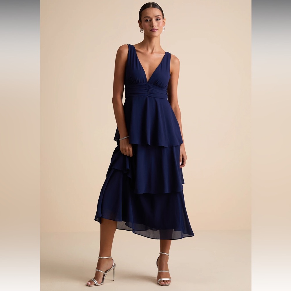 Lulus Dresses Celebration Time Navy Blue Sleeveless Tiered Midi Dress NWT